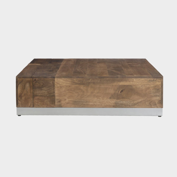 English Elm Luxvil Solid Mango Wood Square Coffee Table Geometric Carved Top Metal Base Living Room B024P156852