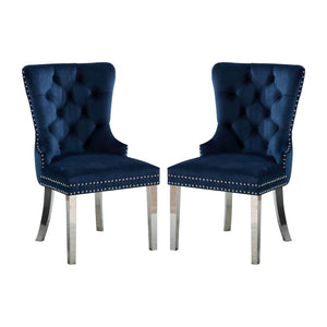 English Elm Set of 2 Wingback Dining Chairs in Blue Flannelette Velvet with Button Tufting, Studs & Chrome Legs B016P156857