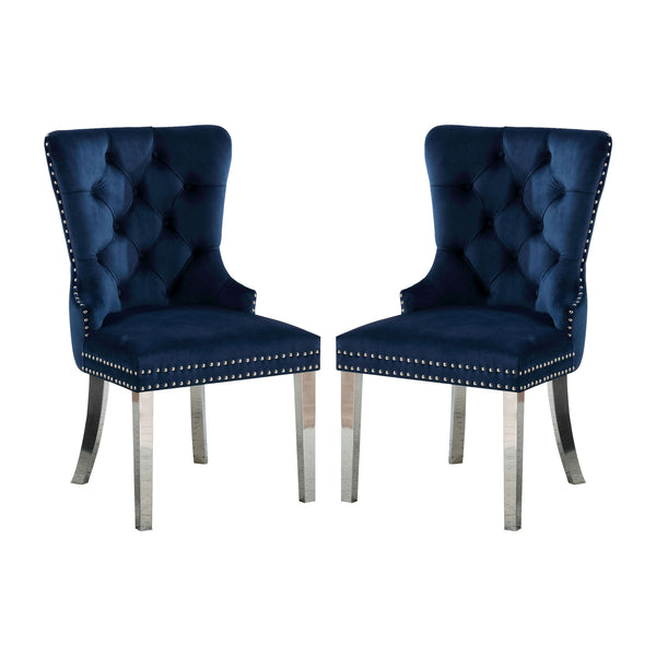 English Elm Set of 2 Wingback Dining Chairs in Blue Flannelette Velvet with Button Tufting, Studs & Chrome Legs B016P156857