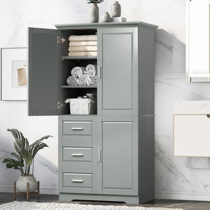 English Elm Tall and Wide Storage Cabinet With Doors For Bathroom/Office, Three Drawers, Grey