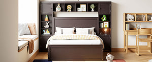 English Elm Full Platform Bed with Storage Headboard Built-in Outlets Shelving and Twin Trundle Espresso LP000642AAP