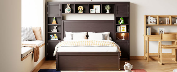 English Elm Full Platform Bed with Storage Headboard Built-in Outlets Shelving and Twin Trundle Espresso LP000642AAP