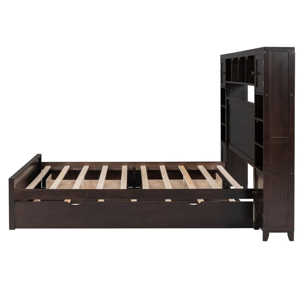 English Elm Queen Platform Bed with Headboard Storage Shelves Built-in Outlets and Trundle Drawer Espresso LP000842AAP