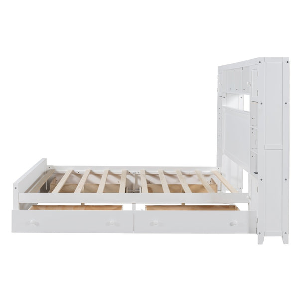 English Elm Queen Storage Bed with Shelving Cabinets Built-in Outlets and Four Under Drawers LP000742AAK-1
