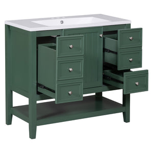 English Elm 36" Bathroom Vanity With Ceramic Sink, Solid Wood, 3 Drawers & Adjustable Shelf In Elegant Green Finish N725P246500G