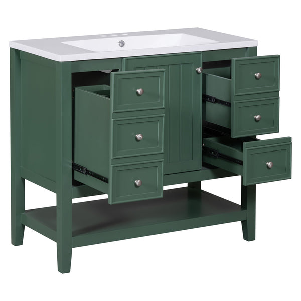 English Elm 36" Bathroom Vanity With Ceramic Sink, Solid Wood, 3 Drawers & Adjustable Shelf In Elegant Green Finish N725P246500G