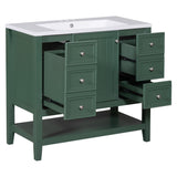 English Elm 36" Bathroom Vanity With Sink Combo, One Cabinet and Three Drawers, Solid Wood and Mdf Board, Green