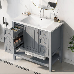 English Elm 36" Stylish Bathroom Vanity With Ceramic Sink, Solid Wood, 1 Cabinet & 3 Drawers, Grey Finish N725P246500E