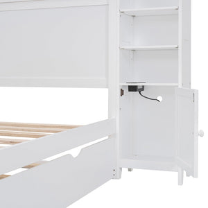 English Elm Full Platform Bed with Storage Headboard Built-in Outlets Shelving and Twin Trundle White LP000642AAK