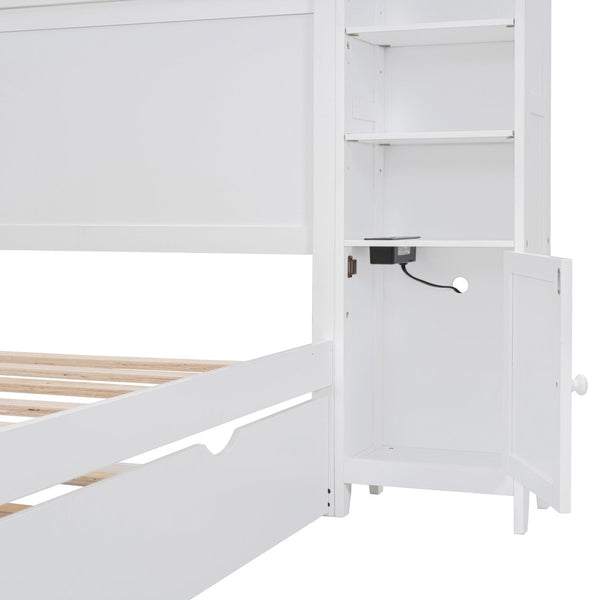 English Elm Full Platform Bed with Storage Headboard Built-in Outlets Shelving and Twin Trundle White LP000642AAK