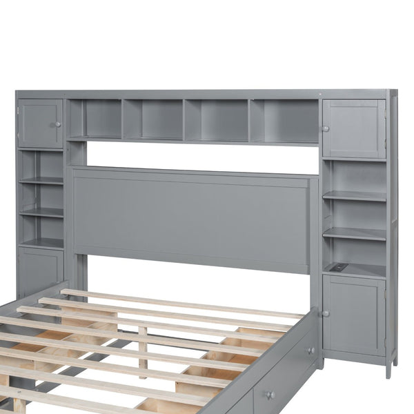 English Elm Queen Storage Bed with Shelving Cabinets Built-in Outlets and Four Under Drawers Gray LP000742AAE