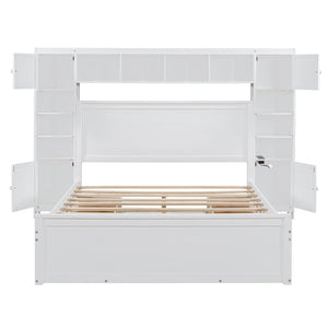 English Elm Queen Storage Bed with Shelving Cabinets Built-in Outlets and Four Under Drawers LP000742AAK-1