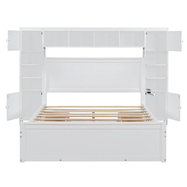 English Elm Queen Storage Bed with Shelving Cabinets Built-in Outlets and Four Under Drawers LP000742AAK-1