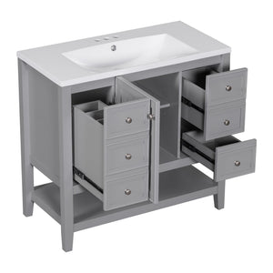 English Elm 36" Stylish Bathroom Vanity With Ceramic Sink, Solid Wood, 1 Cabinet & 3 Drawers, Grey Finish N725P246500E