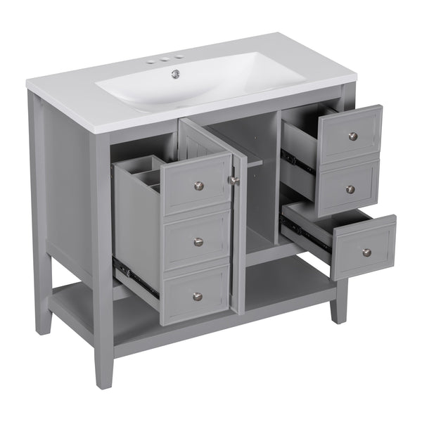 English Elm 36" Stylish Bathroom Vanity With Ceramic Sink, Solid Wood, 1 Cabinet & 3 Drawers, Grey Finish N725P246500E