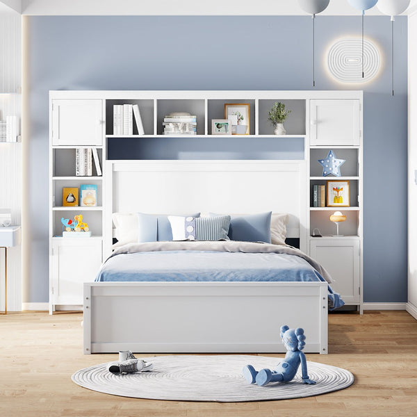English Elm Full Platform Bed with Storage Headboard Built-in Outlets Shelving and Twin Trundle White LP000642AAK