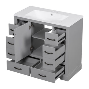 English Elm 36" Modern Bathroom Vanity with Ceramic Sink, Six Drawers, Adjustable Shelf, Solid Wood Build Grey SY999808AAE-6