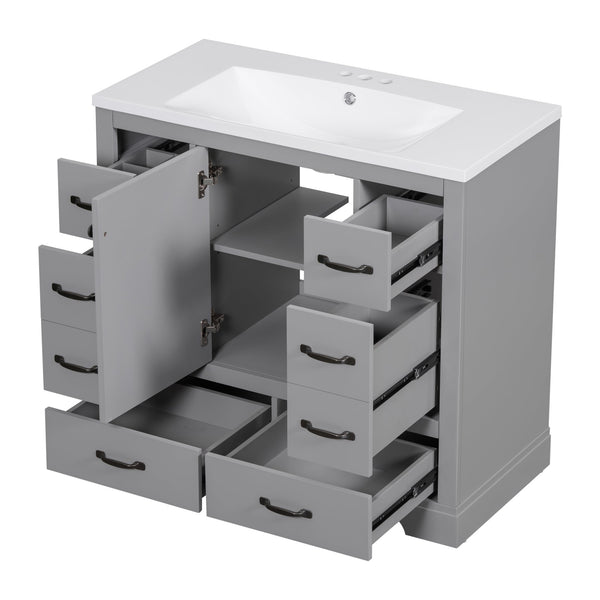 English Elm 36" Modern Bathroom Vanity with Ceramic Sink, Six Drawers, Adjustable Shelf, Solid Wood Build Grey SY999808AAE-6