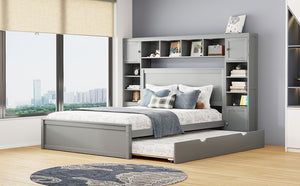English Elm Queen Platform Bed with Headboard Storage Shelves Built-in Outlets and Trundle Drawer Gray LP000842AAE