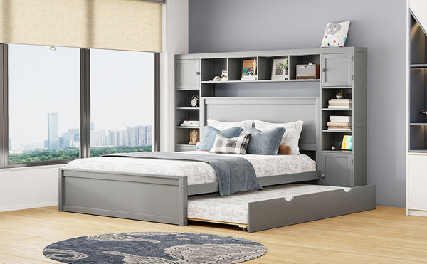English Elm Queen Platform Bed with Headboard Storage Shelves Built-in Outlets and Trundle Drawer Gray LP000842AAE