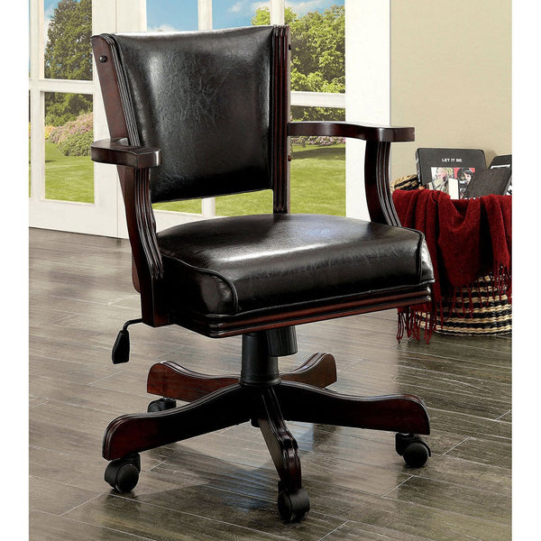 English Elm Leatherette Padded Arm Chair with Casters in Cherry & Espresso, Easy-Clean Black Upholstery, Mobile Comfort for Living Rooms and Entertainment Spaces B016P156862