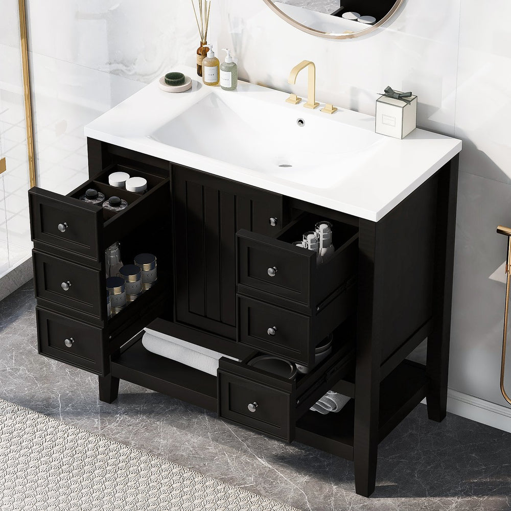 English Elm 36" Modern Black Bathroom Vanity w/ Ceramic Sink, Solid Wood & MDF, 3 Drawers + Cabinet, 36" SY999505AAB-6