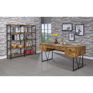 English Elm Antique Industrial Double-Wide Bookcase with Metal Pipe Frame, 4-Tier Rustic Nutmeg Shelves, 44 lb B062P153778