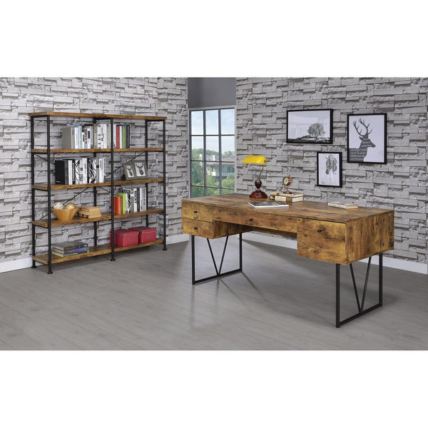 English Elm Antique Industrial Double-Wide Bookcase with Metal Pipe Frame, 4-Tier Rustic Nutmeg Shelves, 44 lb B062P153778