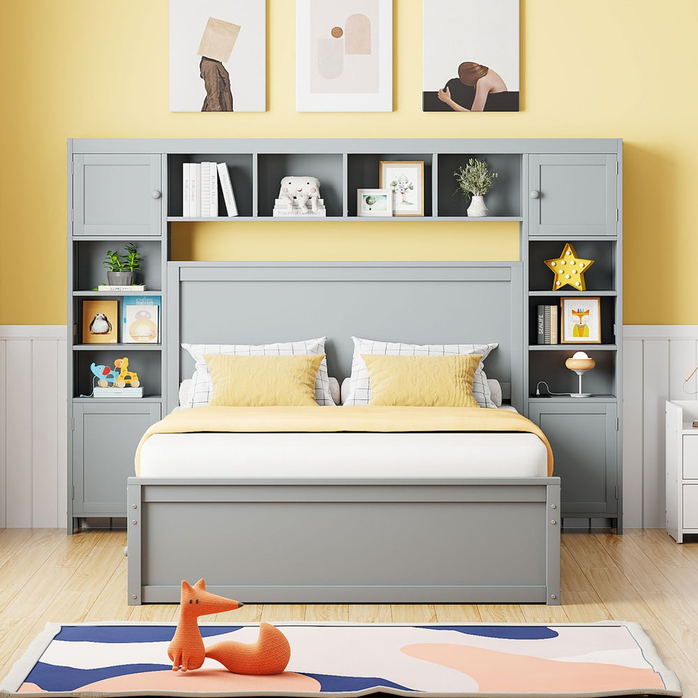 English Elm Full Platform Bed with Storage Headboard Built-in Outlets Shelving and Twin Trundle Gray LP000642AAE