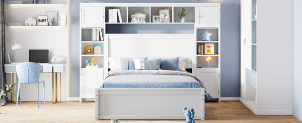 English Elm Full Platform Bed with Storage Headboard Built-in Outlets Shelving and Twin Trundle White LP000642AAK