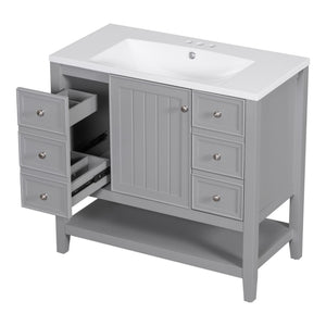 English Elm 36" Stylish Bathroom Vanity With Ceramic Sink, Solid Wood, 1 Cabinet & 3 Drawers, Grey Finish N725P246500E