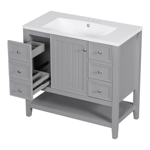 English Elm 36" Stylish Bathroom Vanity With Ceramic Sink, Solid Wood, 1 Cabinet & 3 Drawers, Grey Finish N725P246500E