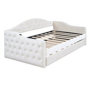 English Elm Twin Velvet Tufted Daybed with Pull Out Trundle and Built in Usb Charging Ports N733S422848A