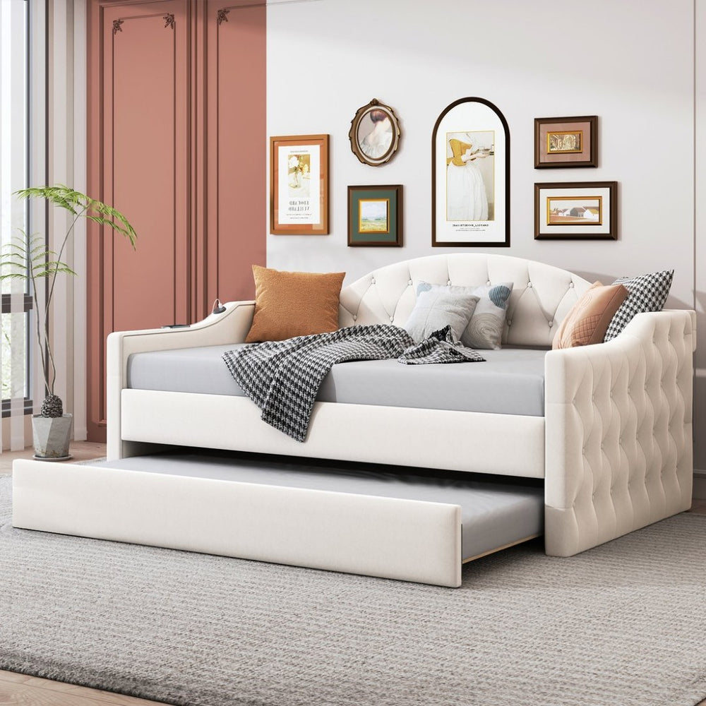 English Elm Twin Velvet Tufted Daybed with Pull Out Trundle and Built in Usb Charging Ports N733S422848A