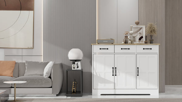 English Elm Farmhouse Buffet Sideboard with 3 Drawers and Doors White Dining Storage Cabinet W282138084