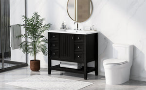 English Elm 36" Modern Black Bathroom Vanity w/ Ceramic Sink, Solid Wood & MDF, 3 Drawers + Cabinet, 36" SY999505AAB-6