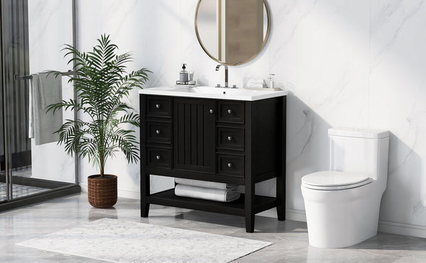 English Elm 36" Modern Black Bathroom Vanity w/ Ceramic Sink, Solid Wood & MDF, 3 Drawers + Cabinet, 36" SY999505AAB-6