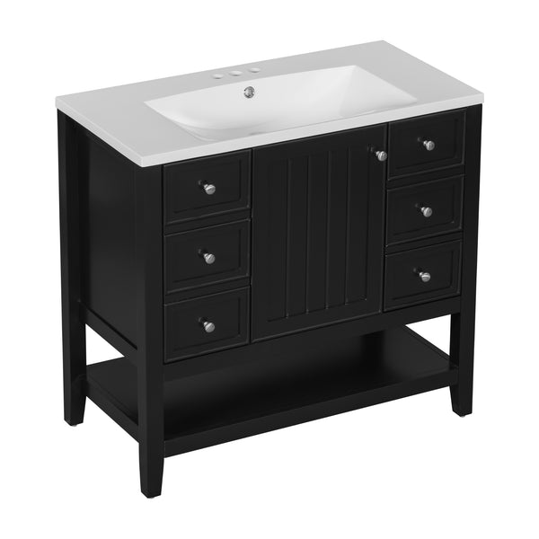English Elm 36" Modern Black Bathroom Vanity w/ Ceramic Sink, Solid Wood & MDF, 3 Drawers + Cabinet, 36" SY999505AAB-6