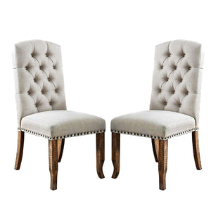 English Elm Set of 2 Ivory Upholstered Dining Chairs with Rustic Oak Finish, Padded Seats and Elegant Backrests B016P156824