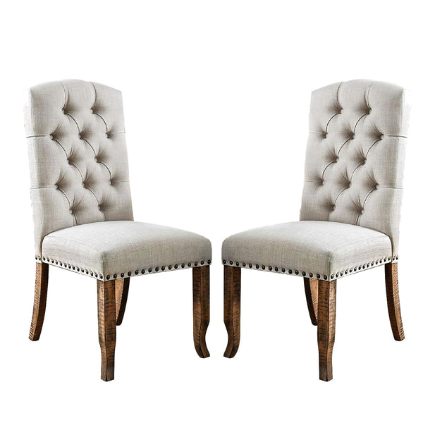 English Elm Set of 2 Ivory Upholstered Dining Chairs with Rustic Oak Finish, Padded Seats and Elegant Backrests B016P156824