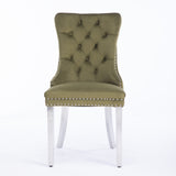 Olive-Green Velvet Dining Chairs, 2-Pack - Chrome Legs, Nailhead Trim - Easy Assembly - Comfortable Seating