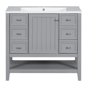 English Elm 36" Stylish Bathroom Vanity With Ceramic Sink, Solid Wood, 1 Cabinet & 3 Drawers, Grey Finish N725P246500E