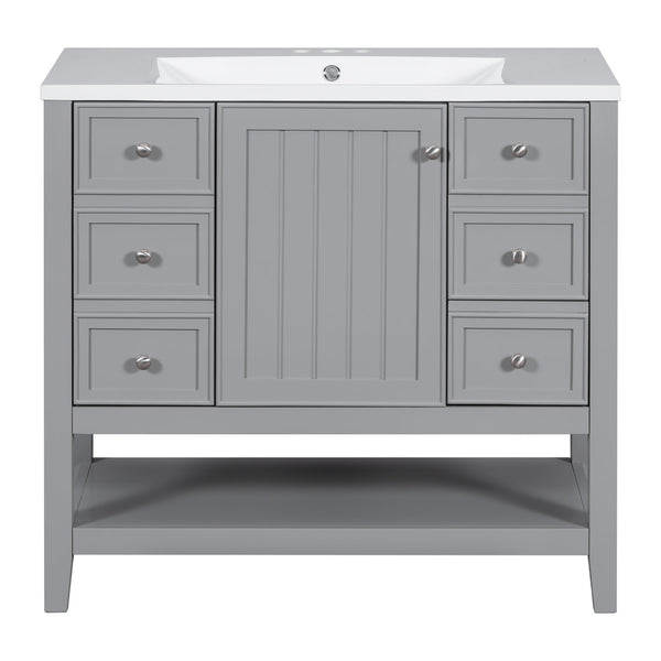 English Elm 36" Stylish Bathroom Vanity With Ceramic Sink, Solid Wood, 1 Cabinet & 3 Drawers, Grey Finish N725P246500E