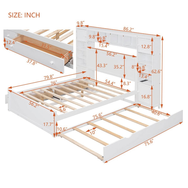 English Elm Full Platform Bed with Storage Headboard Built-in Outlets Shelving and Twin Trundle White LP000642AAK