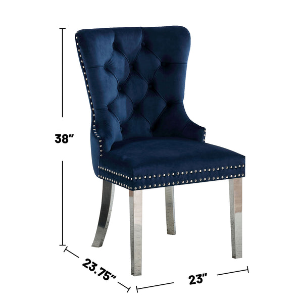 English Elm Set of 2 Wingback Dining Chairs in Blue Flannelette Velvet with Button Tufting, Studs & Chrome Legs B016P156857
