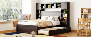 English Elm Full Platform Bed with Storage Headboard Built-in Outlets Shelving and Twin Trundle Espresso LP000642AAP