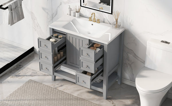 English Elm 36" Stylish Bathroom Vanity With Ceramic Sink, Solid Wood, 1 Cabinet & 3 Drawers, Grey Finish N725P246500E