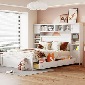 English Elm Queen Storage Bed with Shelving Cabinets Built-in Outlets and Four Under Drawers LP000742AAK
