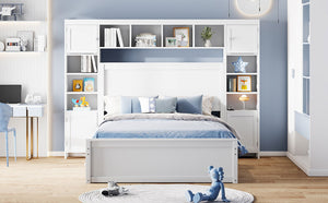 English Elm Full Platform Bed with Storage Headboard Built-in Outlets Shelving and Twin Trundle White LP000642AAK