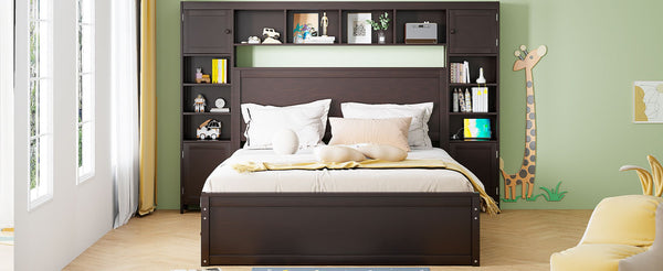 English Elm Queen Platform Bed with Headboard Storage Shelves Built-in Outlets and Trundle Drawer Espresso LP000842AAP